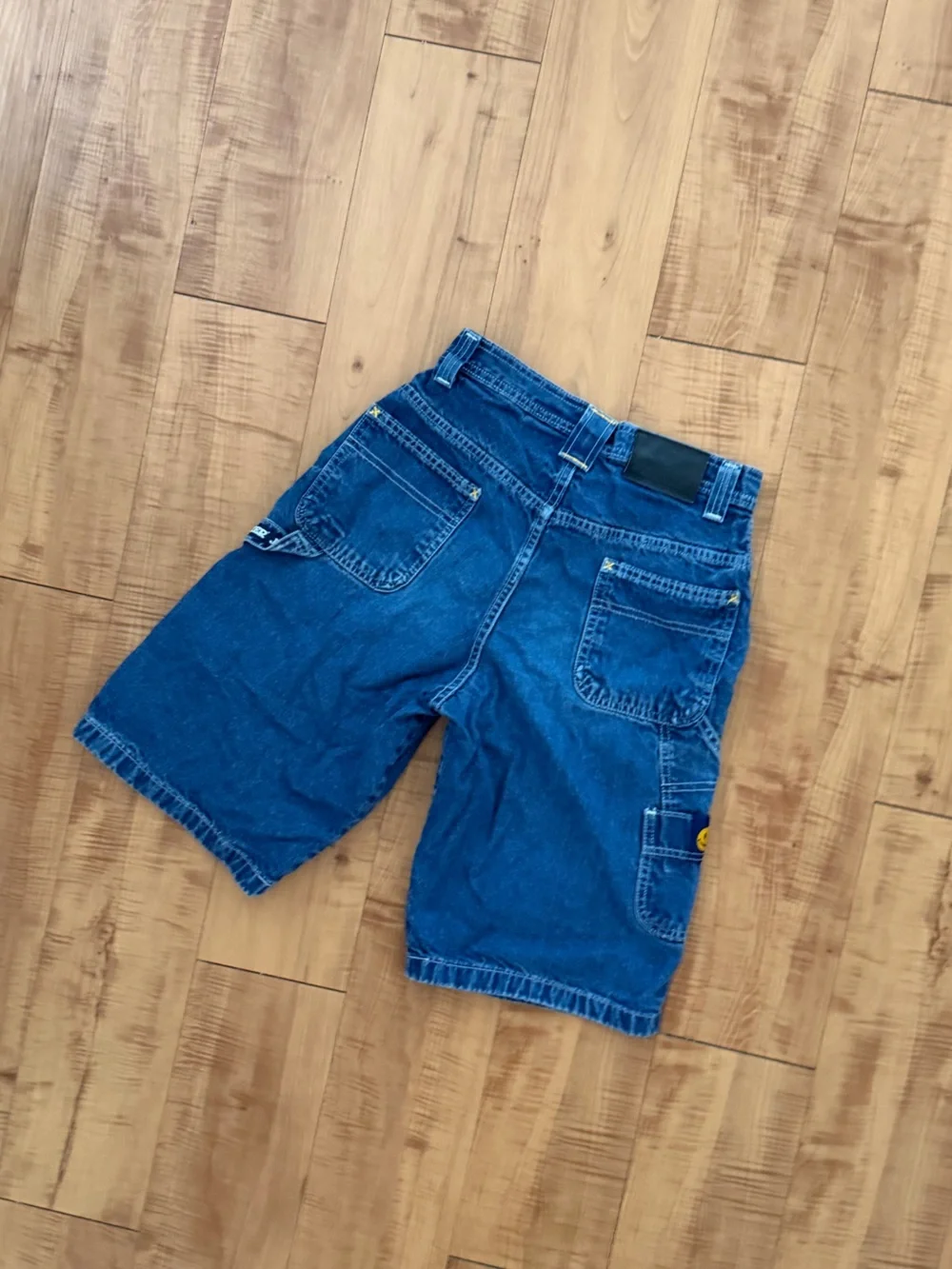 Vintage Joe Boxer Blue Denim Beach Casual Cargo Shorts with Embossed Logo Patch